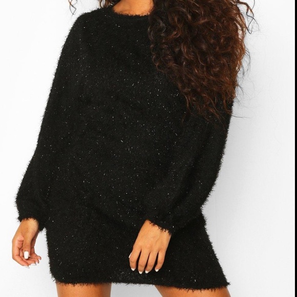Bebè designer black fur fuzzy coat mini dress longsleeve sparkles cute pull over - Picture 2 of 11